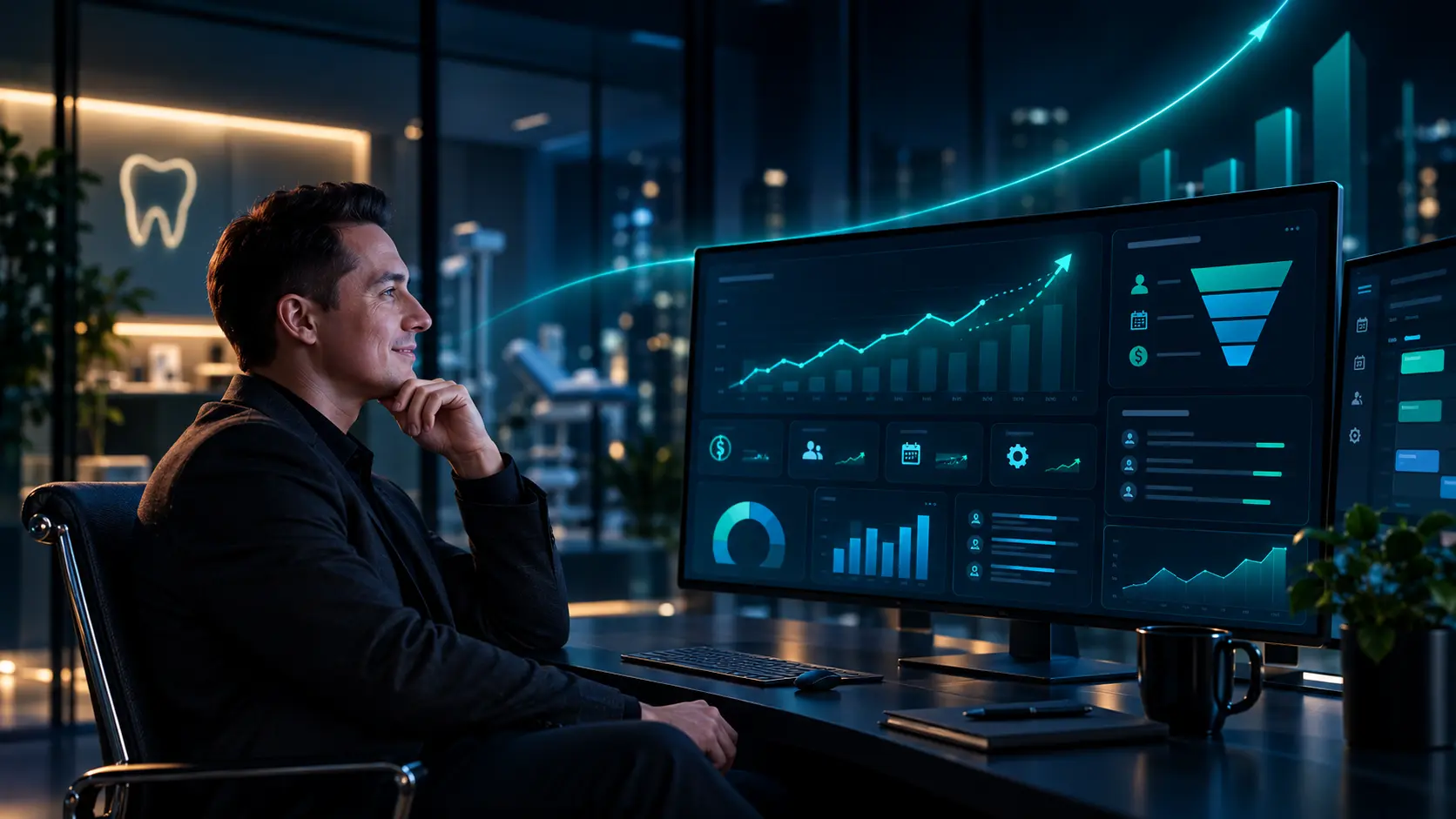 Dono de clínica analisando os indicadores do negócio